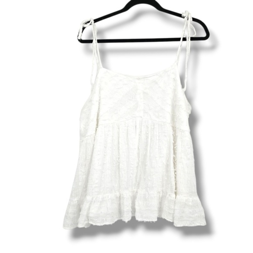 Perfectly Priscilla White Textured Babydoll Tiered‎ Ruffle Tie Strap Top Plus 1X